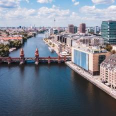 Berlin city center with Oberbaumbrücke and river Spree