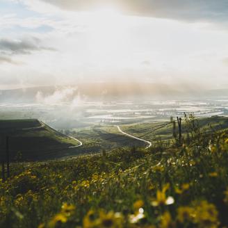 panoramic view of green Golan Heights in Israel