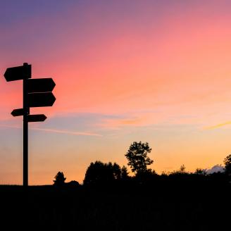 Silhouetten von Wegweiser und Bäumen bei Dämmerung