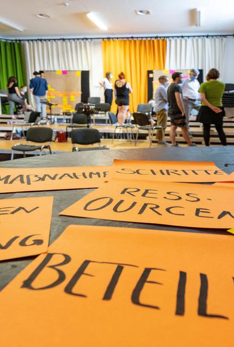 Plakate, die bei einem Culture-for-Future-Workshop entstanden, mit Aufschriften wie "Beteiligte", "Ressourcen", "Maßnahmen" u.a.