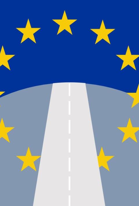 A visualisation of the road forward for the EU: EU flag above a road to the horizon, surrounded by CO2 clouds with price tags