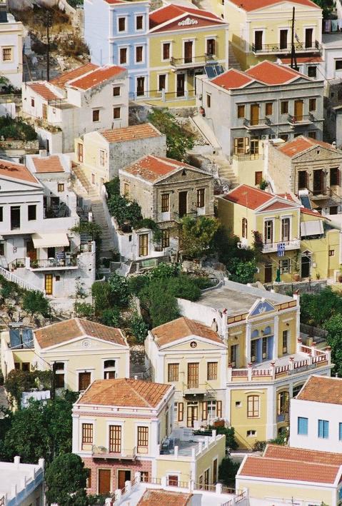 view from top on houses in a sunny, Mediterranean town