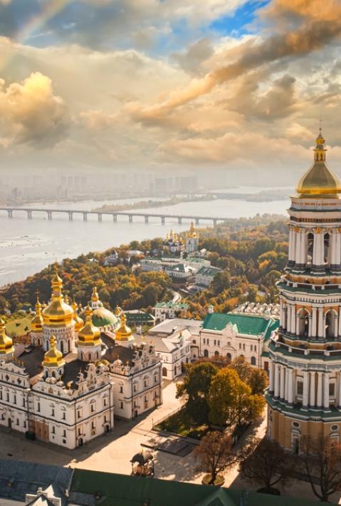 beautiful city view of Kyiv with Monastery of the Caves and river Dnieper