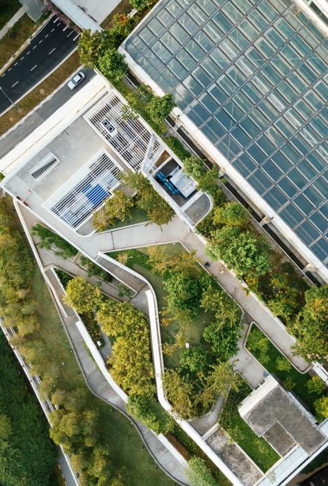 aerial view of buliding with green roof