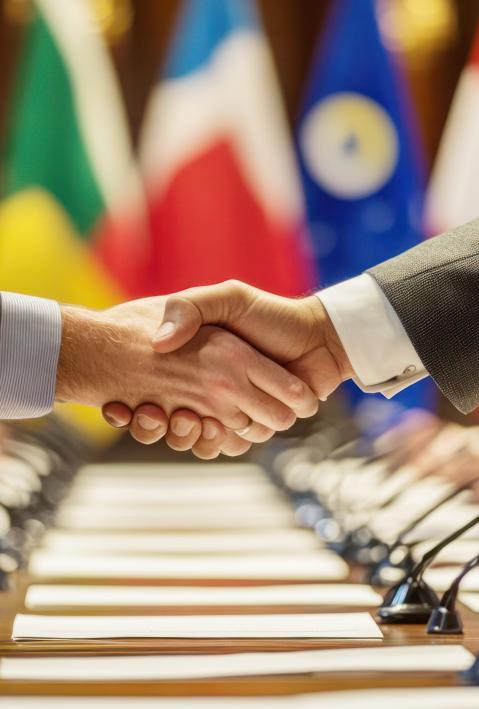 Handshake between diplomats at an international meeting with various country flags in the background, symbolizing global cooperation