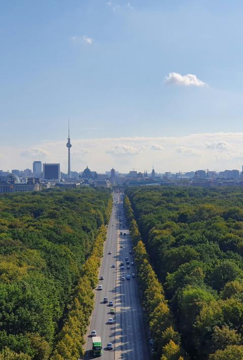 Vogelperspektive auf Berlin mit Sicht auf den Tiergarten und dem Brandenburger Tor in der Mitte