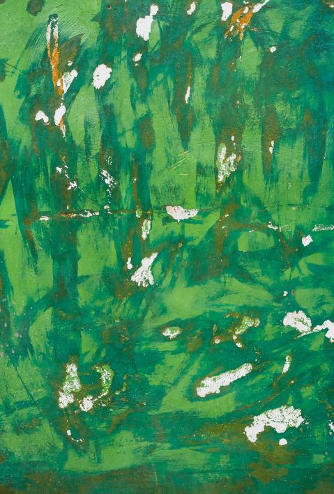 An abstract painting in green and blue colours