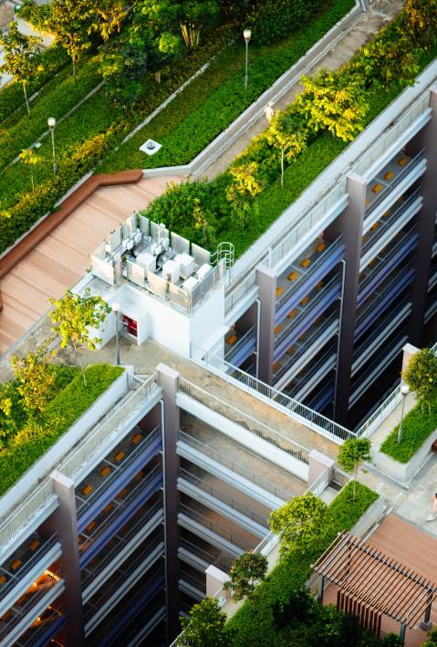 A shot of office buildings with green roof terraces. 
