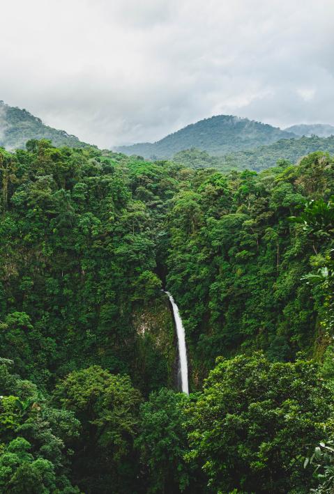 Waterfall within the tropical rainforest surrounded by mountains