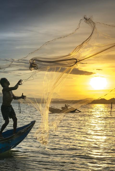 A peron on a fishing boat casts fishing nets - the sunrise is in the background.