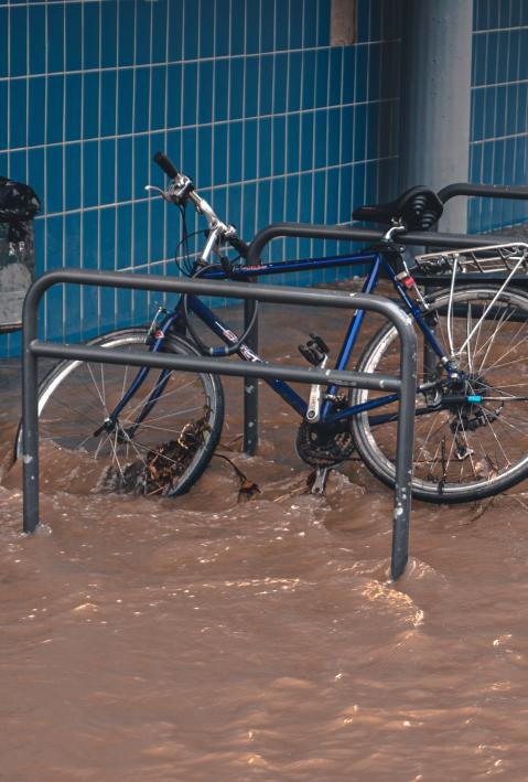A bicycle stands in a flooded bicycle stand. 