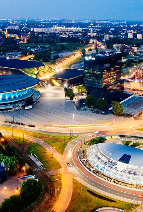 Aerial drone view on Katowice centre and roundabout at night. Silesia, Poland