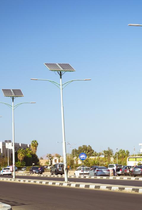 SHARM EL SHEIKH, EGYPT - FEBRUARY 20, 2014: Solar panels on electric pole for lighting on the road in the city, use of solar energy, Sharm El Sheikh, Egypt