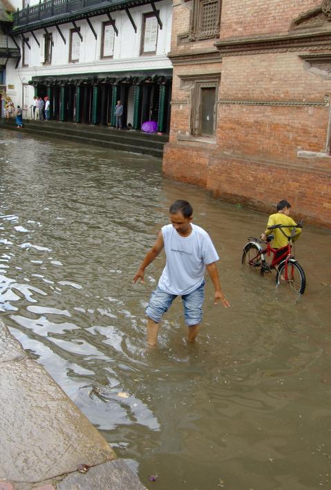 KATHMANDU,NP - CIRCA AUGUST, 2012 - Kathmandu main square flooded with water after heavy monsoon rain.