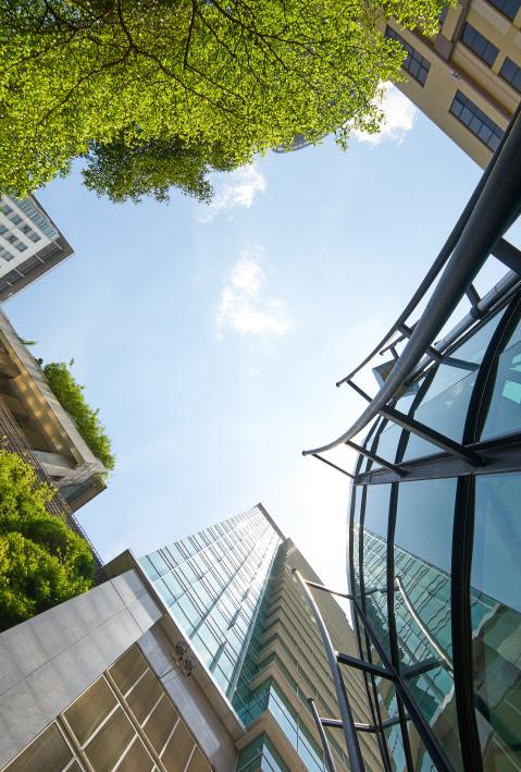 Low-angle-Aufnahme von modernen Glasgebäuden und Grün mit klarem Himmelshintergrund.