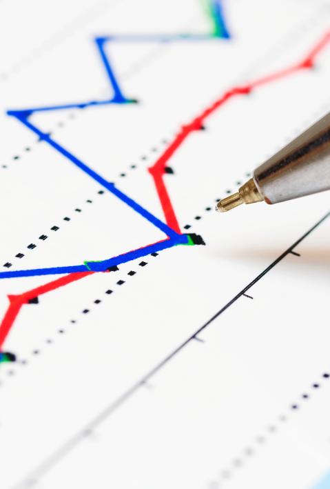 Detailaufnahme von Börsenkursen in Rot und Blau. Ein Kugelschreiber zeigt auf eine Stelle im Diagramm, an dem die rote und die blaue Kurve zusammenfallen.