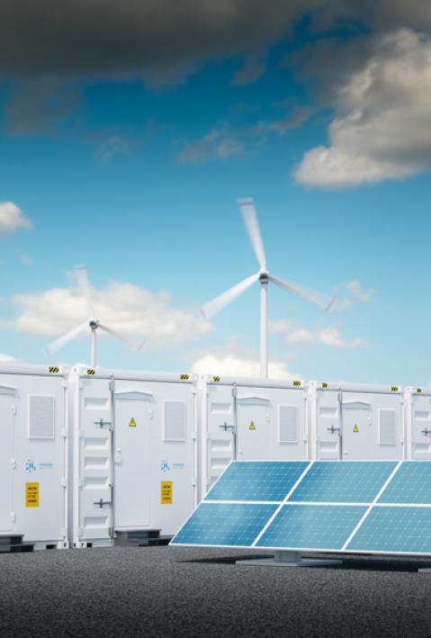 Power to gas concept with fresh sunny sky. Hydrogen energy storage with renewable energy sources - photovoltaic and wind turbine power plant farm. 3d rendering. - Illustration