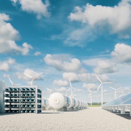 abstract image of hydrogen tanks, solar panels and wind turbines
