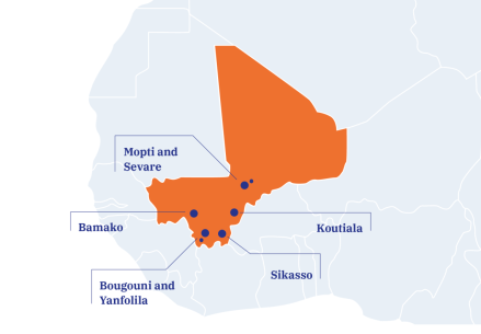 graphic map of Mali with interview locations