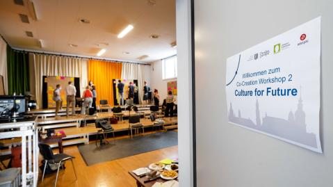 Ein Blick in den Probenraum der Staatsoperette Dresden - im Vordergrund das Schild: Willkommen zum Co-Creation Workshop 2 - Culture for Future; im Hintergrund stehen mehreren Personen vor einem orange-weißen Vorhang