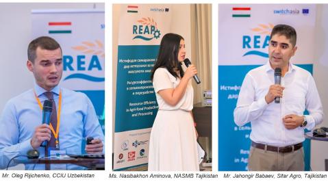 Photos of the REAP Stakeholder Dialogue speakers: Mr. Rijichenko, Ms. Aminova, Mr. Babaev