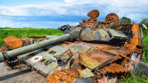 Ein verrosteter, demolierter Panzer in grüner Landschaft