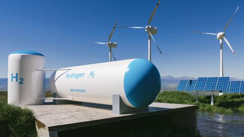 Hydrogen plant, wind turbines and solar panels. 