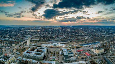 aerial view of city Kharkiv in Ukraine with main station
