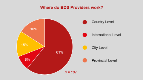 graphic showing that the majority (61%) of BDS providers work on a country level