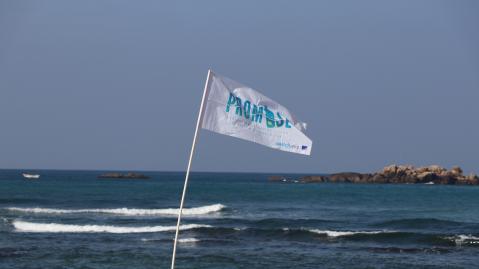 a flag on a tall, slim pole at the beach. The writing in blue on white reads "PROMISE"