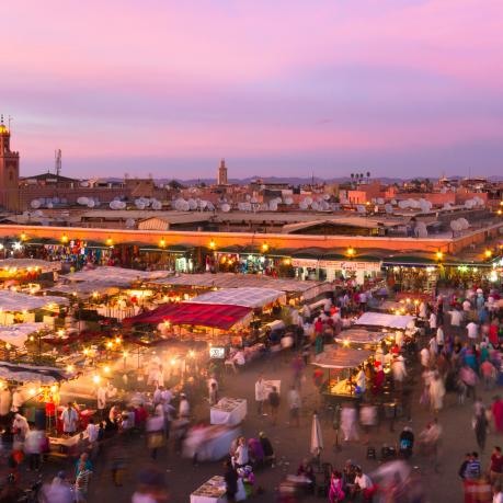 Jamaa el Fna (also Jemaa el-Fnaa, Djema el-Fna or Djemaa el-Fnaa) is a square and market place in Marrakesh's medina quarter (old city). Marrakesh, Morocco, north Africa. UNESCO Heritage of Humanity.