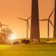 Windräder Windrad Windpark Landwirtschaft Windenergie Sonnenaufgang Gegenlicht lensflare Schlesigw-Holstein
