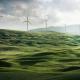 wind turbines on green hills. 
