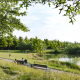 Menschen sitzen auf Bänken in einem Park mit Teich