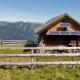 Wooden shepherd lodge with solar panels on a highland pasture with Alpine mountain landscape in Western Carinthia, Austria.
